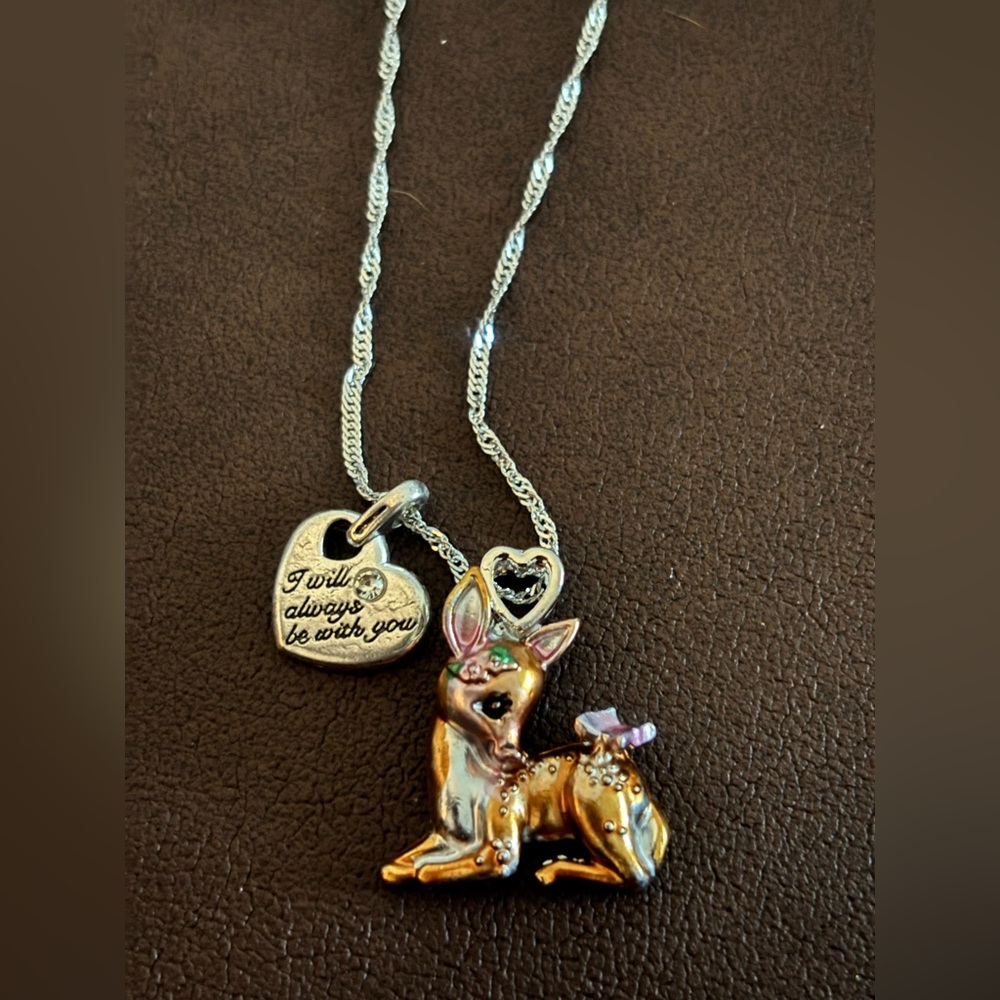 Gold-tone Fawn Pendant Necklace with Heart Charm
